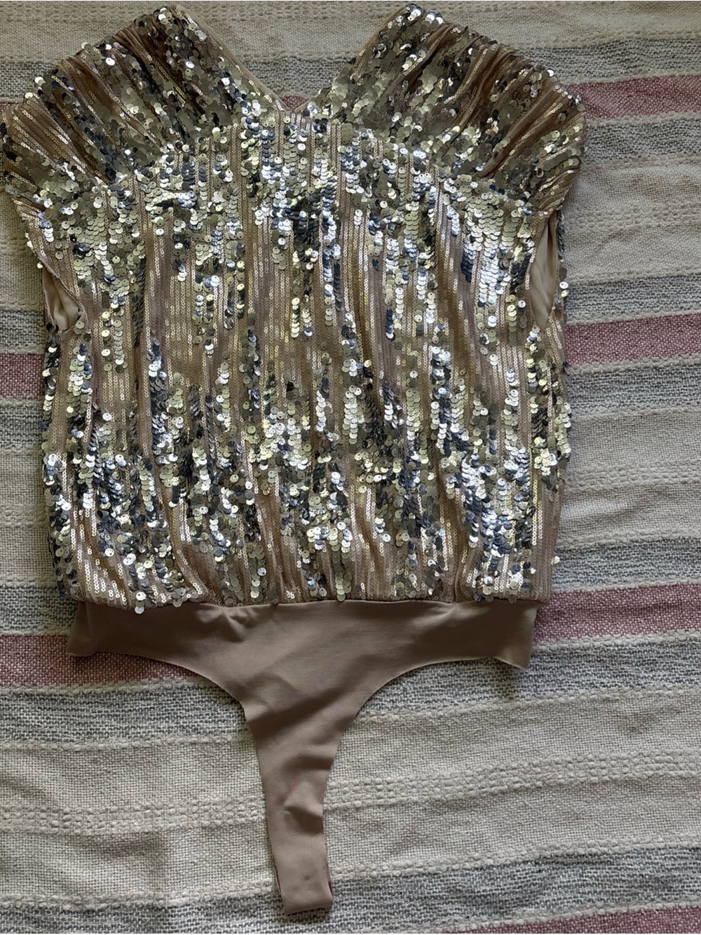 Astr Gold Sequin Nude-Base Plunging Bodysuit - Picture 8 of 10